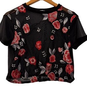 Charlotte Russe Black Sheer Embroidered Mesh Crop Top, Womens Size L, Red Floral